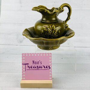 Vintage McCoy GREEN GRAPES  Olive Embossed Mini Wash Basin Bowl And Pitcher USA